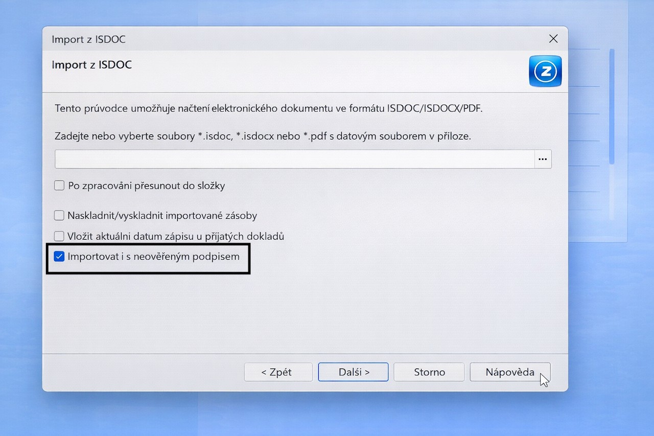 Import z ISDOC v POHODĚ se zaškrtnutou volbou „Importovat i s neověřeným podpisem"